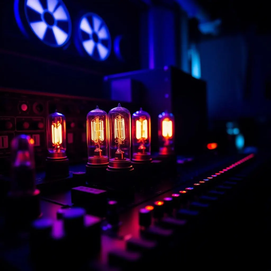 Glowing vacuum tubes in a dark studio
