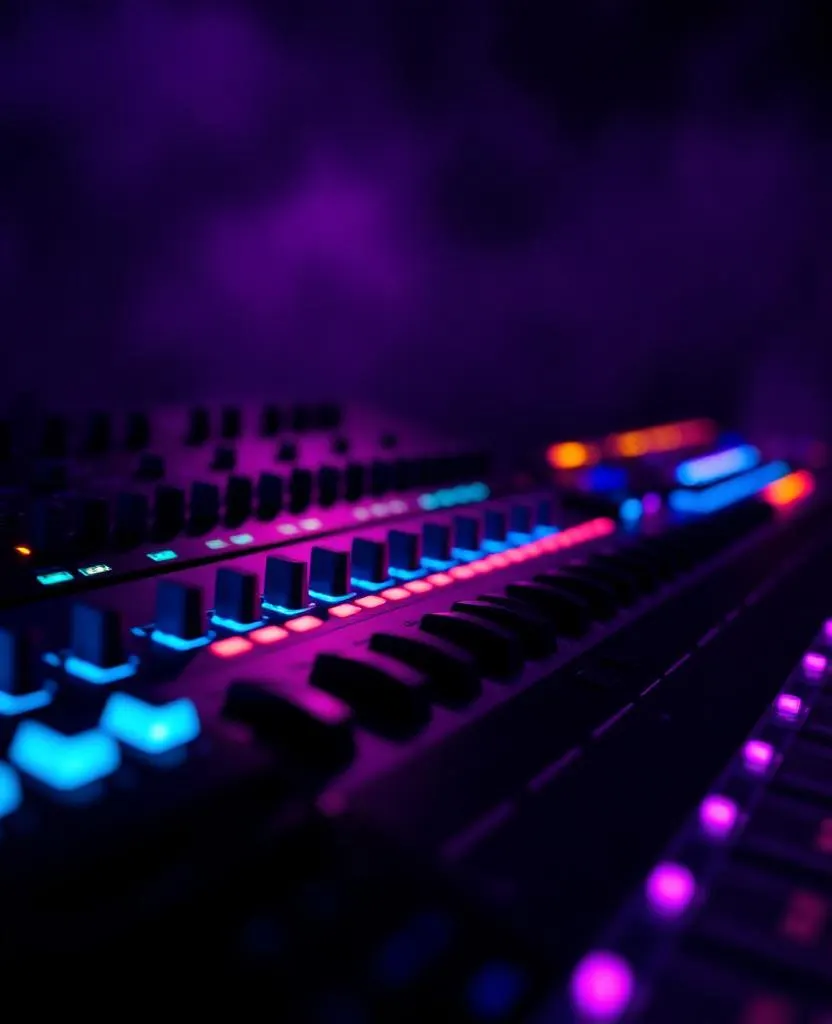 Modular synthesizer cables glowing in low light